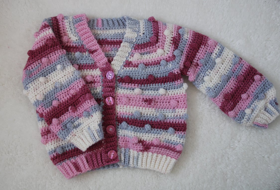 Toddler Cardigan for Girls - Bobble Style - Size 1-2 Years - Pink Cream Grey