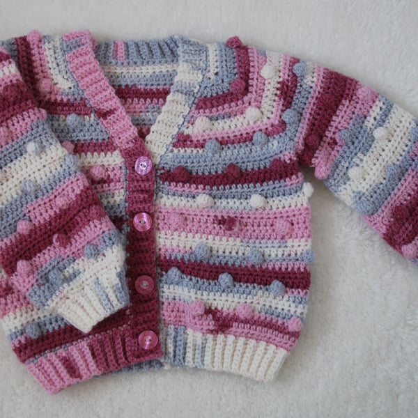 Toddler Cardigan for Girls - Bobble Style - Size 1-2 Years - Pink Cream Grey