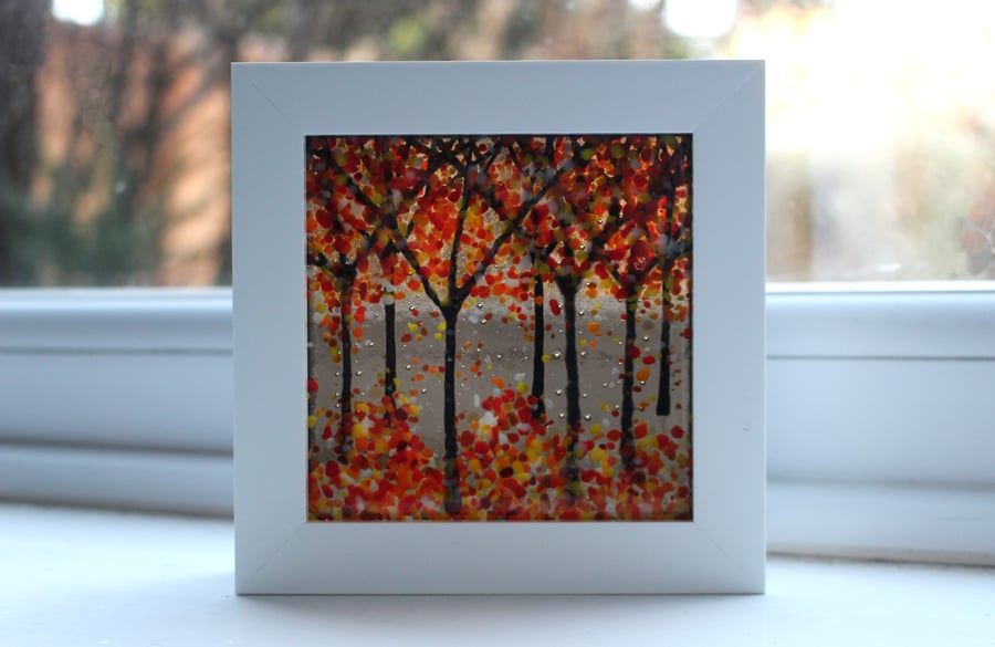 Seconds Sunday 10cm x 10cm Amazing Fused Glass Woodland Picture 'Autumn Bronze'