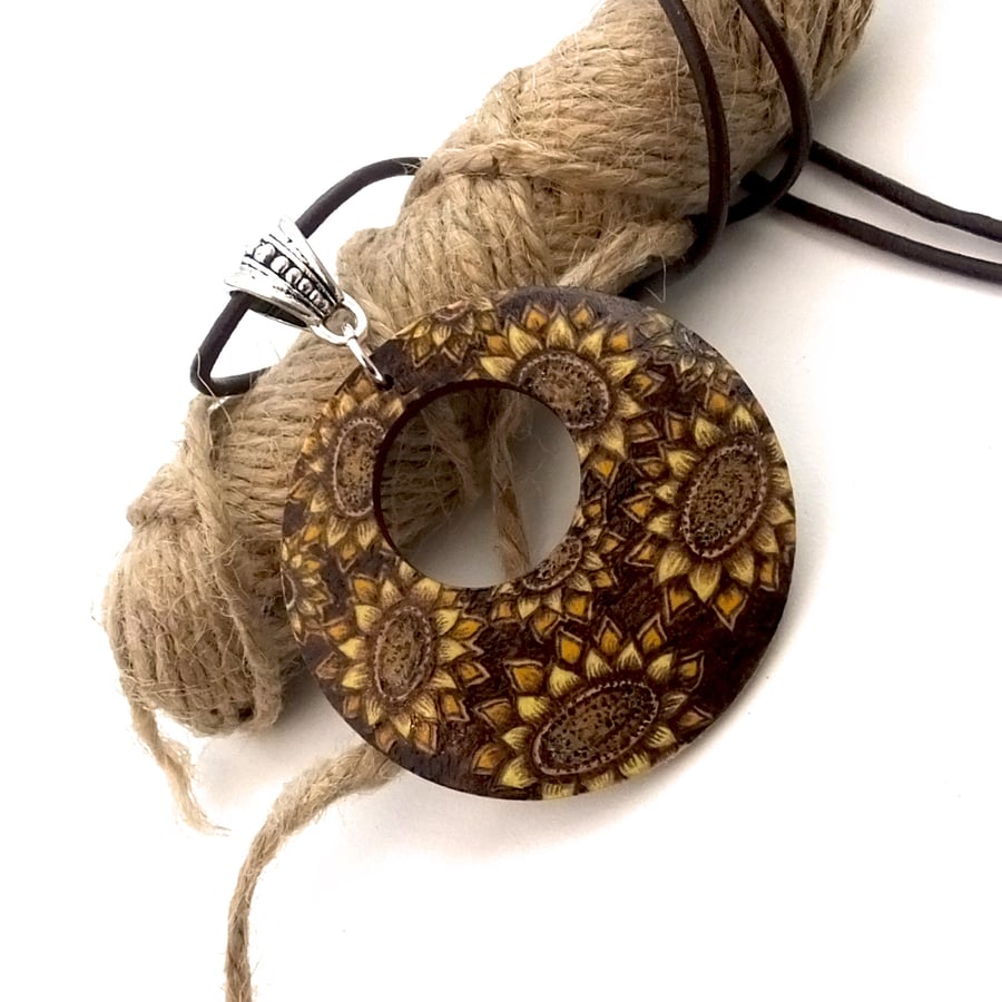 Pyrography Swirling Sunflower Pendant, Wooden Circle Necklace, an Unusual Gift