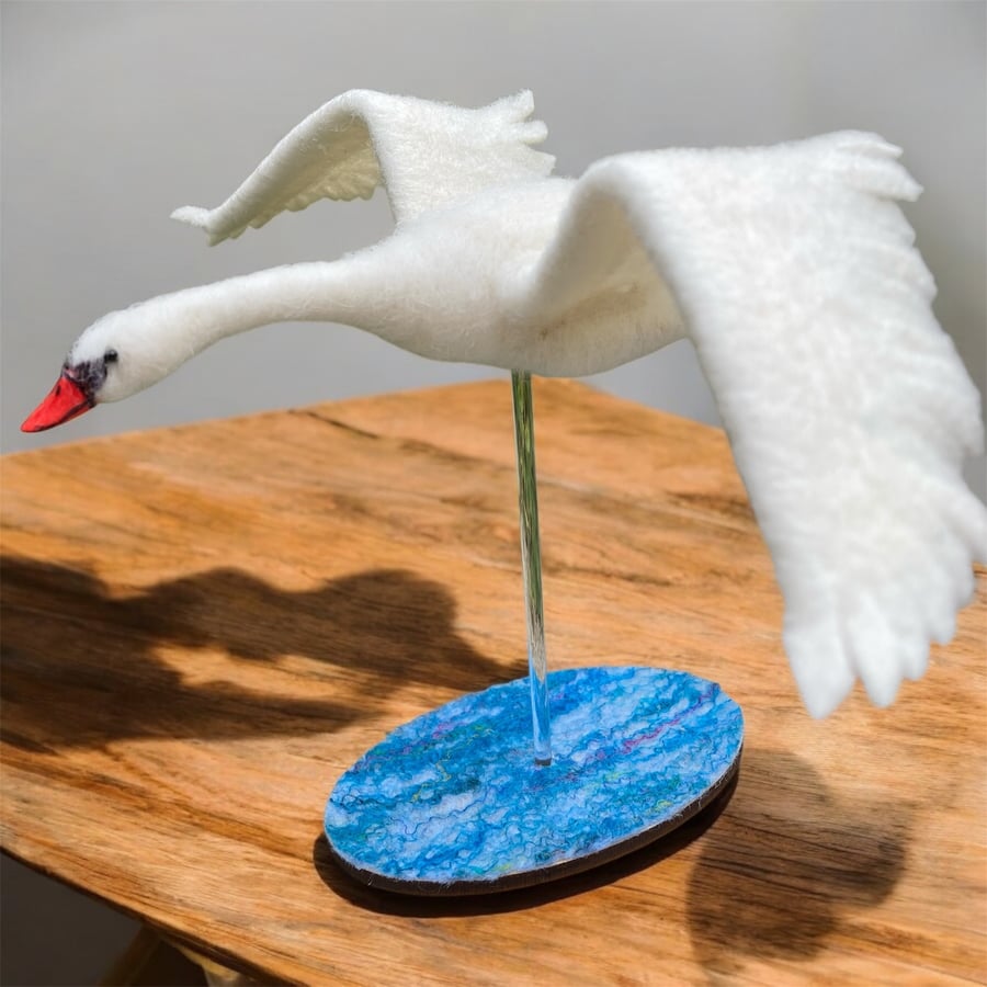 Flying swan, needle felted sculpture