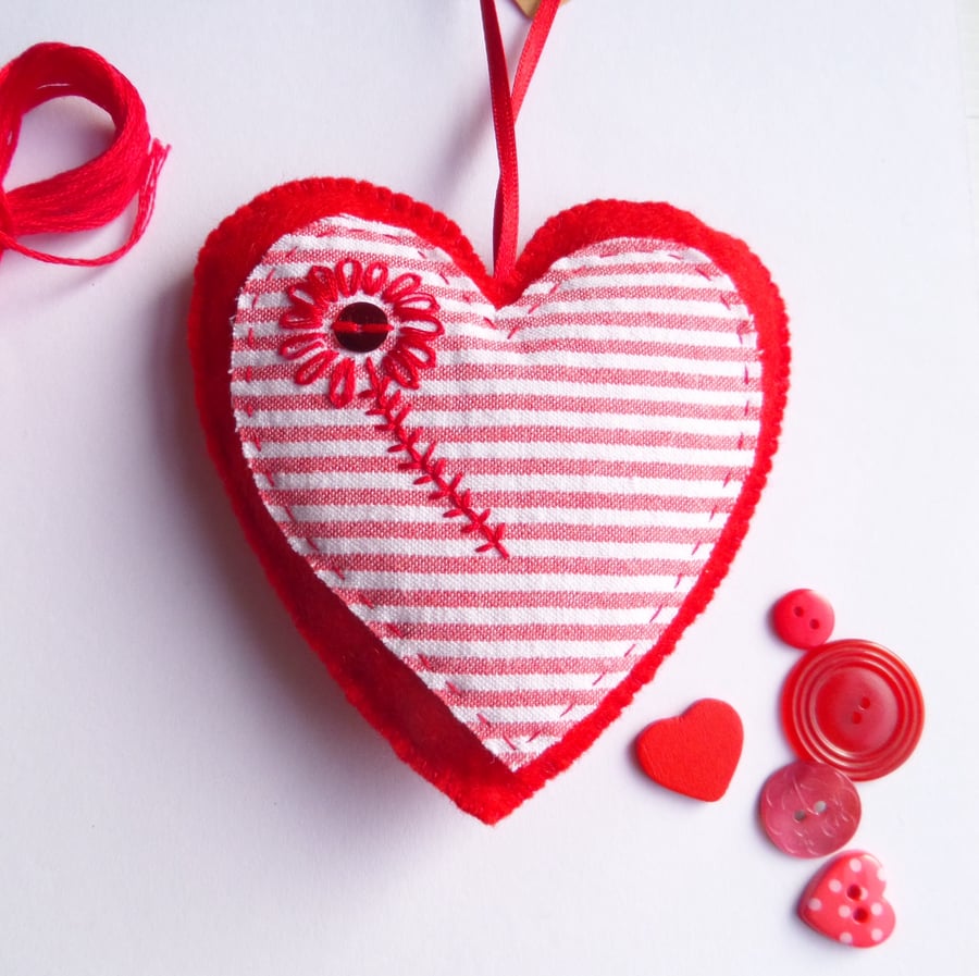 SALE Heart Decoration with Hand Embroidered Flower