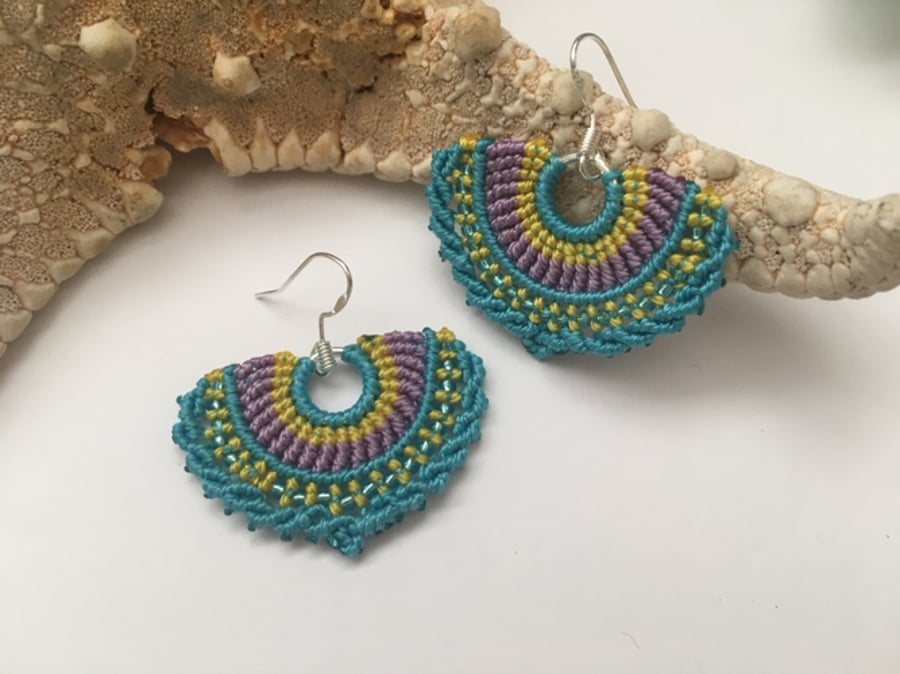 Micro macrame boho fan design beaded earrings