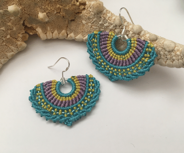 Micro macrame boho fan design beaded earrings