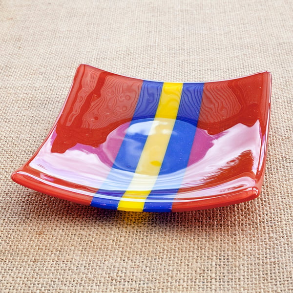 Red, Yellow and Blue Stripy Striped Fused Glass Plate