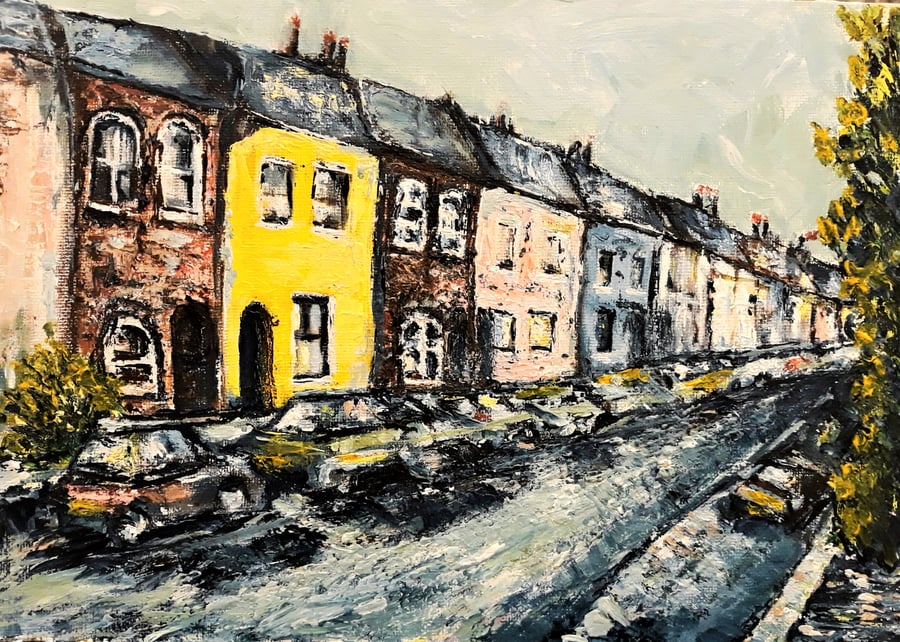 Original City Painting on Canvas, Acrylics, A4 size, Unframed, Streatham, London