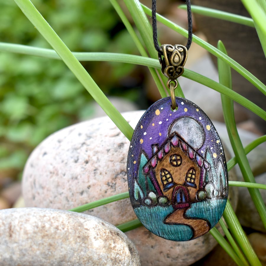Spooky House Pendant. Pyrography with colour teardrop necklace.