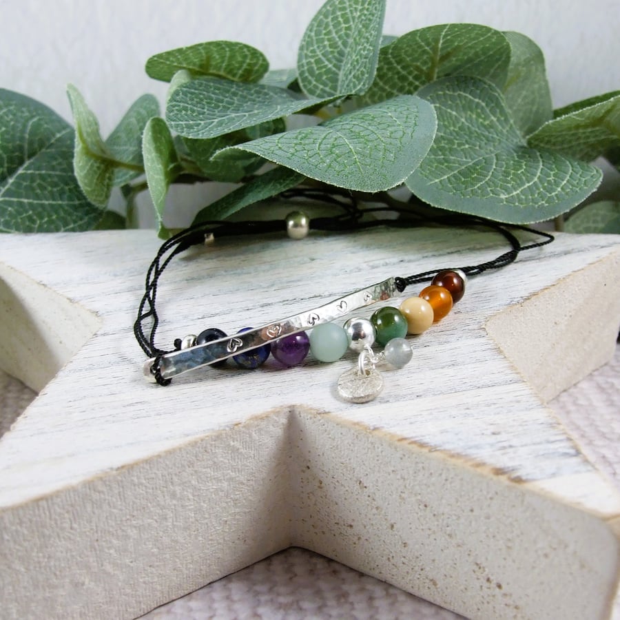 Sterling Silver Two Strand Heart Bar and Rainbow Gemstone Bracelet