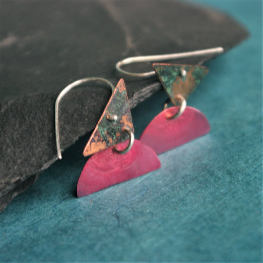 Geometric  Verdigris  and Red Dangle Earrings 