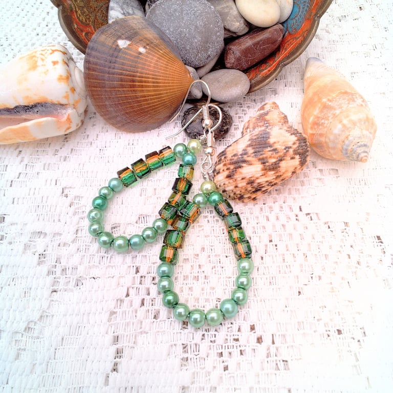 Green Glass Cube Bead and Pearl Bead Hoop Earrings, Green Earrings, Gift for Her