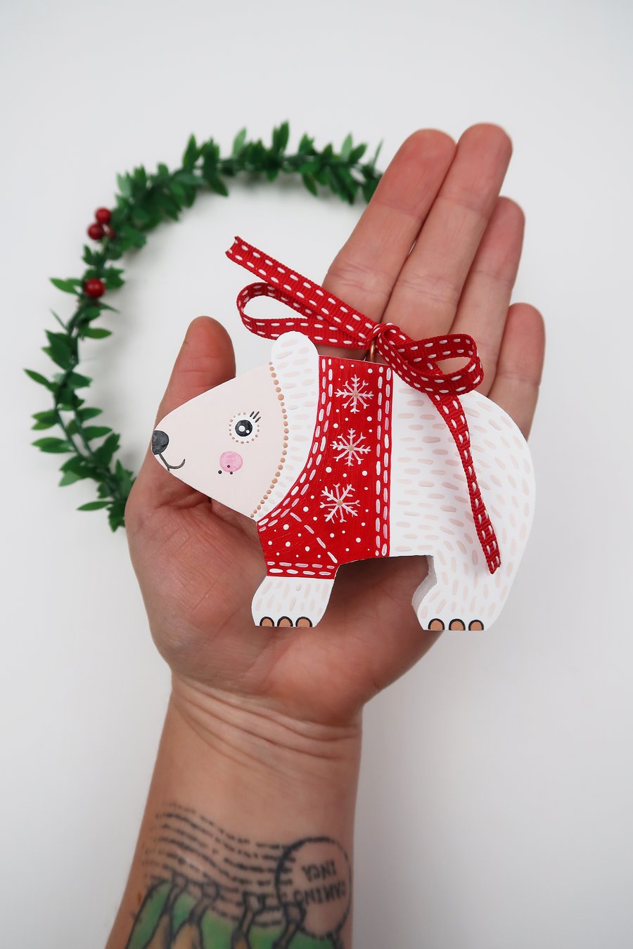 Polar bear Christmas tree hanging decoration, Bear in Christmas jumper.