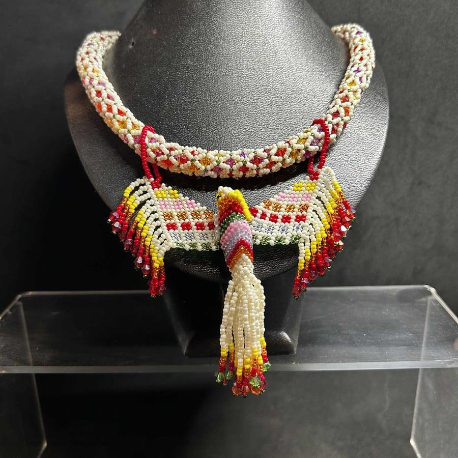 Phoenix Seed Bead Necklace Three dimensional handmade 