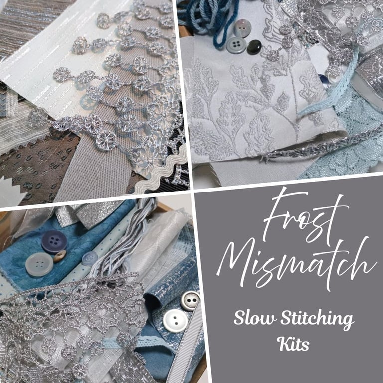 Frost Mismatch - Slow Stitching kits - Silver and Blue textiles and trims