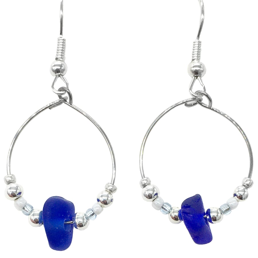 Blue Seaglass Silver Hoop Earrings - Handmade Scottish Sea Glass Jewellery