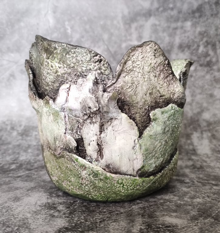 Hand Built Textured Green Art Vase, Hand Painted Vessel, Lichen Moss Inspired