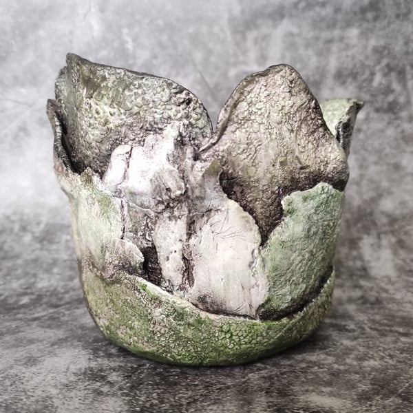 Hand Built Textured Green Art Vase, Hand Painted Vessel, Lichen Moss Inspired