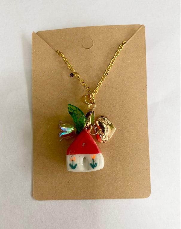 Mini House Clay Charm Pendant Necklace Handmade Jewellery 