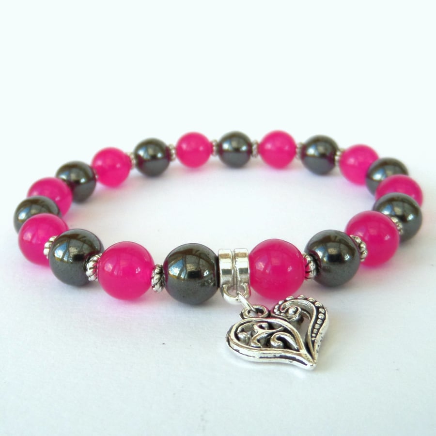 Pink jade and hematite bracelet, with heart charm embelishment
