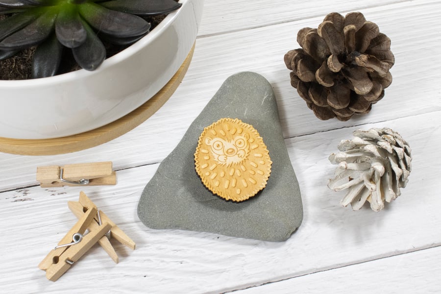 Native Creatures Wooden Hedgehog Brooch, Pin, Clasp, Badge