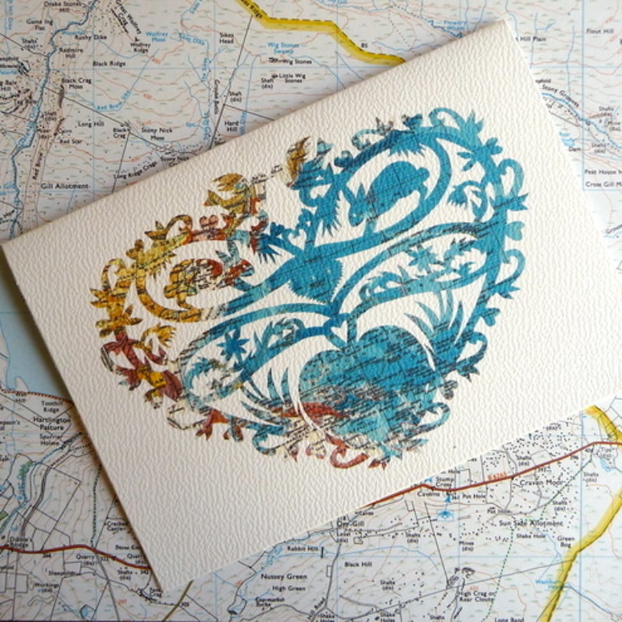 Oceans of Love Greeting Card, Papercut on Vintage map
