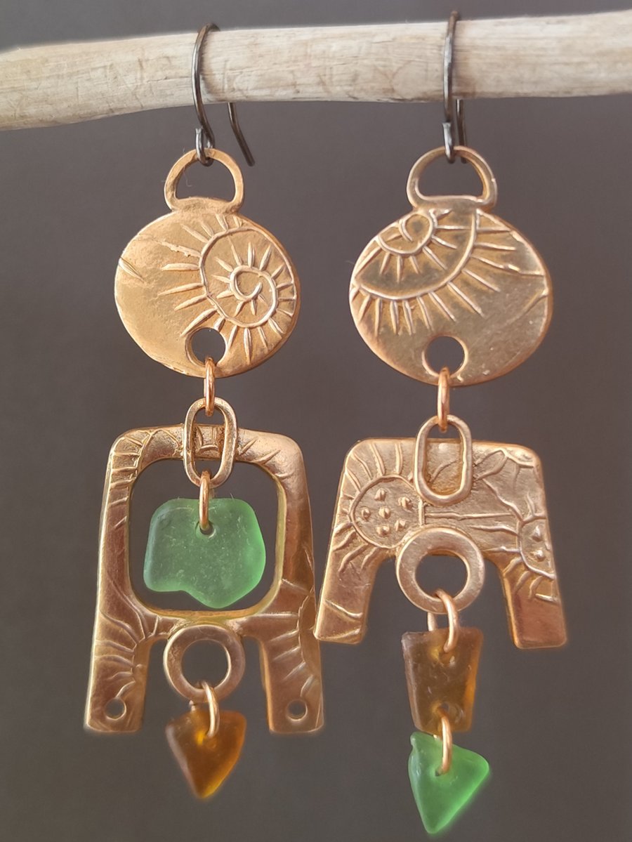 Seaglass mis-match earrings, bronze, unique jewellery, recycled material