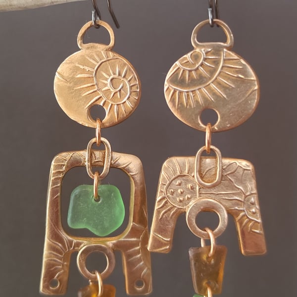 Seaglass mis-match earrings, bronze, unique jewellery, recycled material
