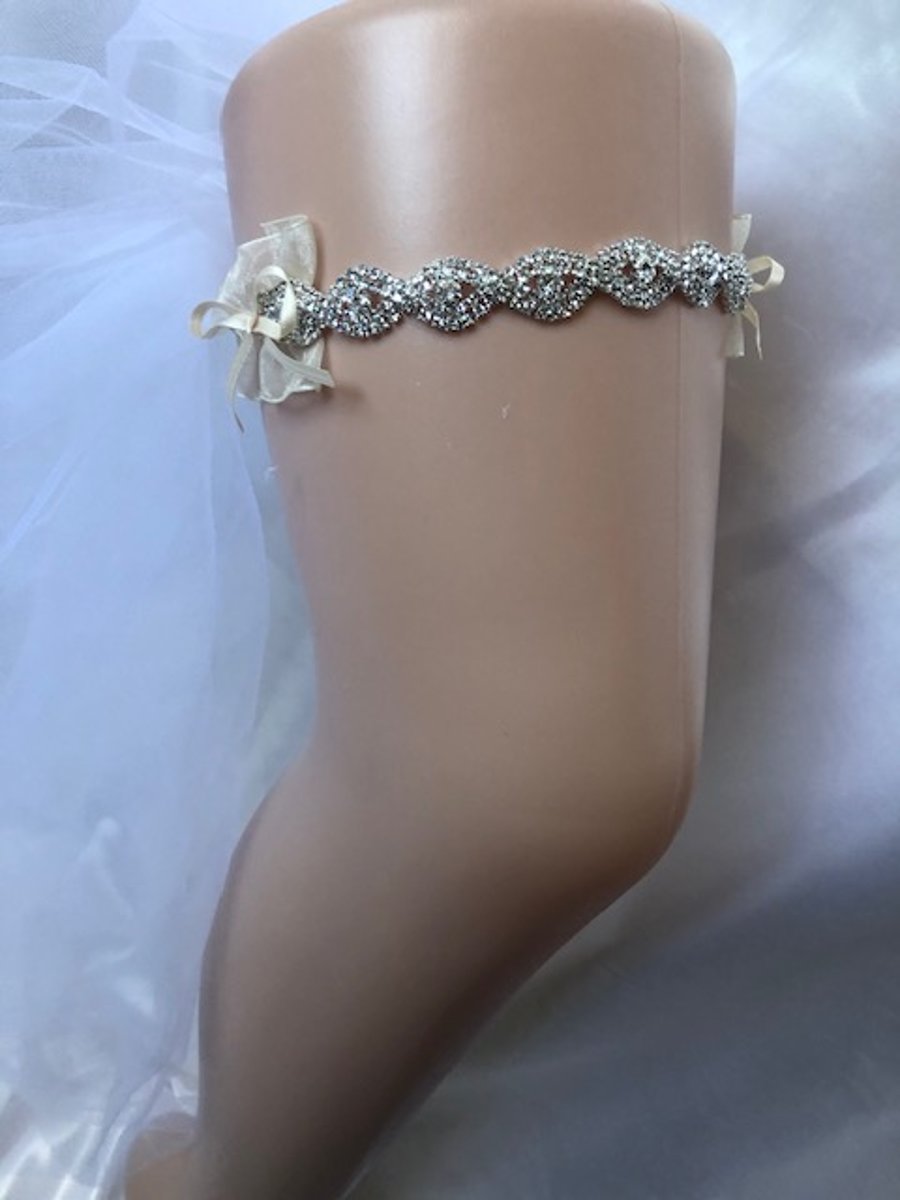 Audra - Diamante & Vintage Cream Organza Bridal Garter - Many Sizes Available 