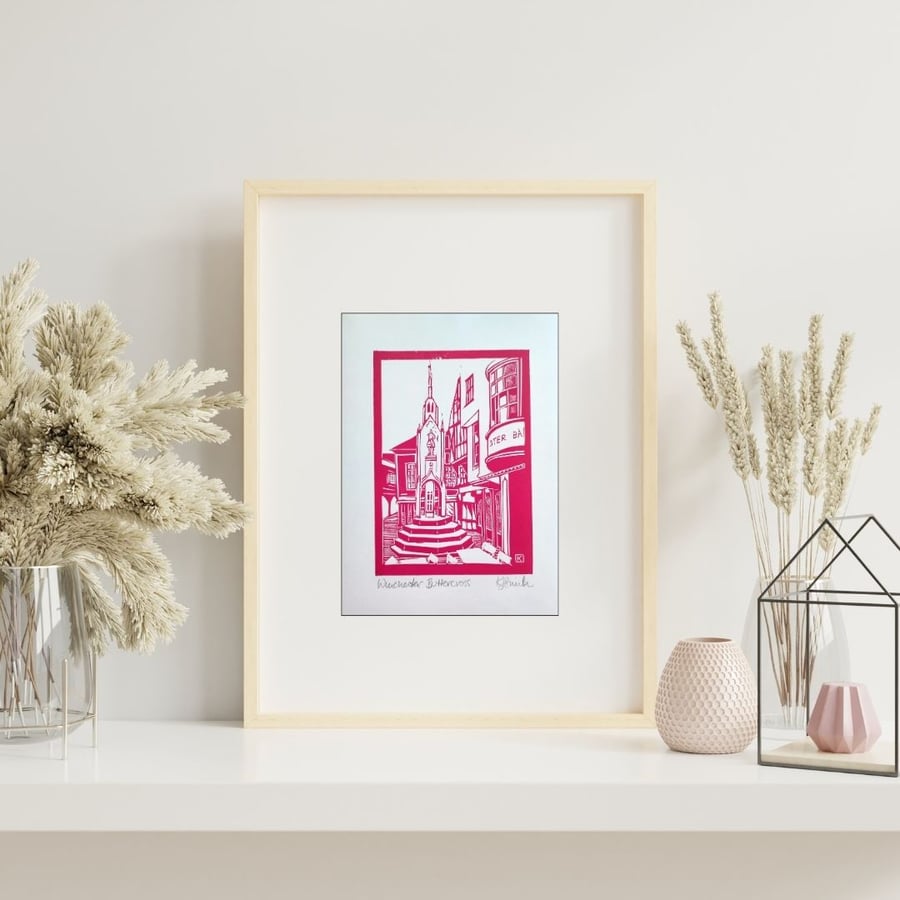 Winchester Buttercross original linocut art print A5 - rubine pink