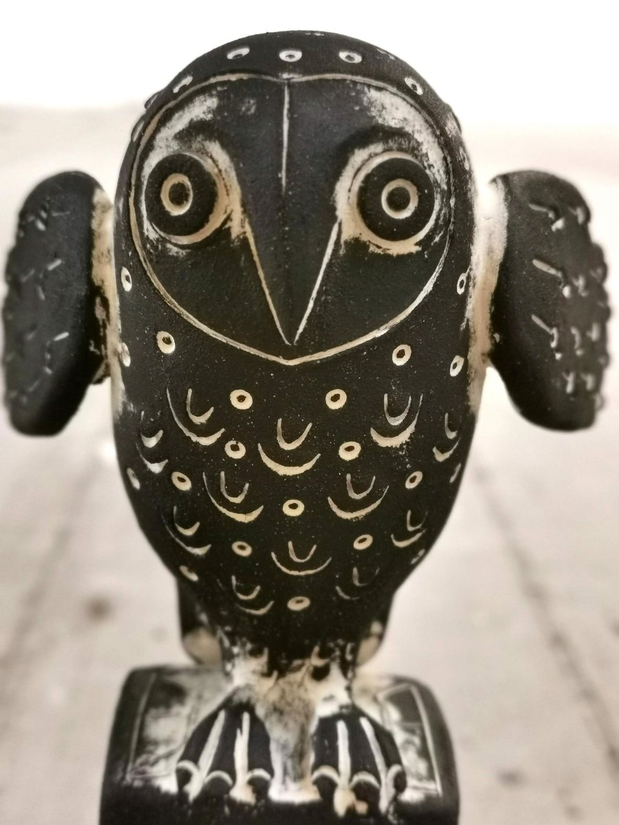 Ceramic Barn Owl sculpture - Owl on a Chimney pot- small black owl - owl art -