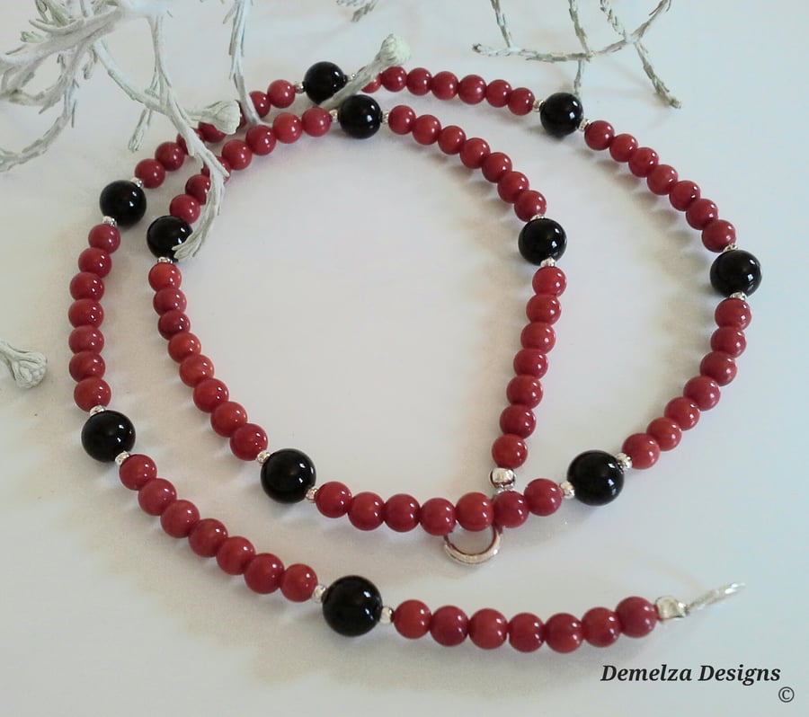 Genuine Eco Bamboo Coral & Black Onyx Necklace 925 Sterling Silver