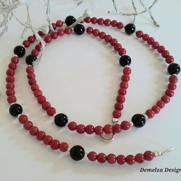 Genuine Eco Bamboo Coral & Black Onyx Necklace 925 Sterling Silver