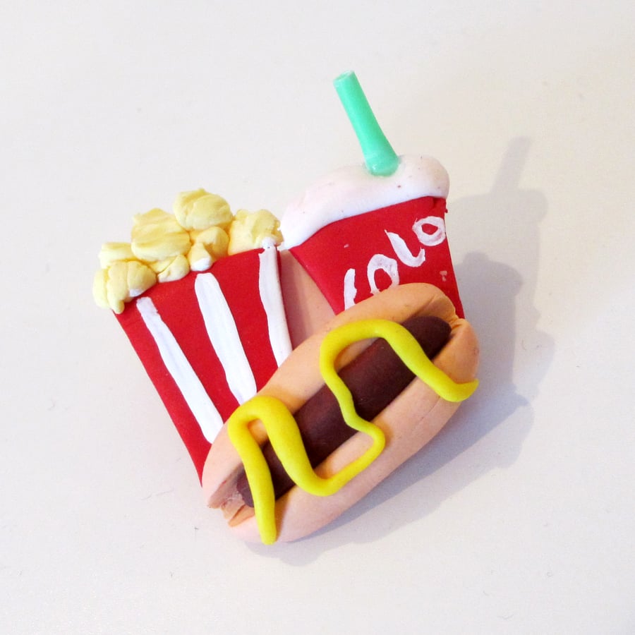 Retro Diner themed brooch with Hot Dog, Cola and Popcorn