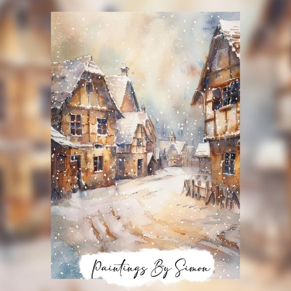 Charming Snowy Village, Watercolor Painting Print 5"x7" on Matte Paper