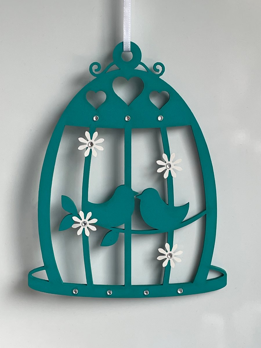 Hanging MDF Birdcage Decoration in Turquoise