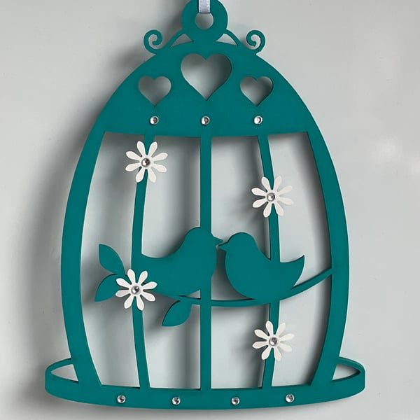 Hanging MDF Birdcage Decoration in Turquoise