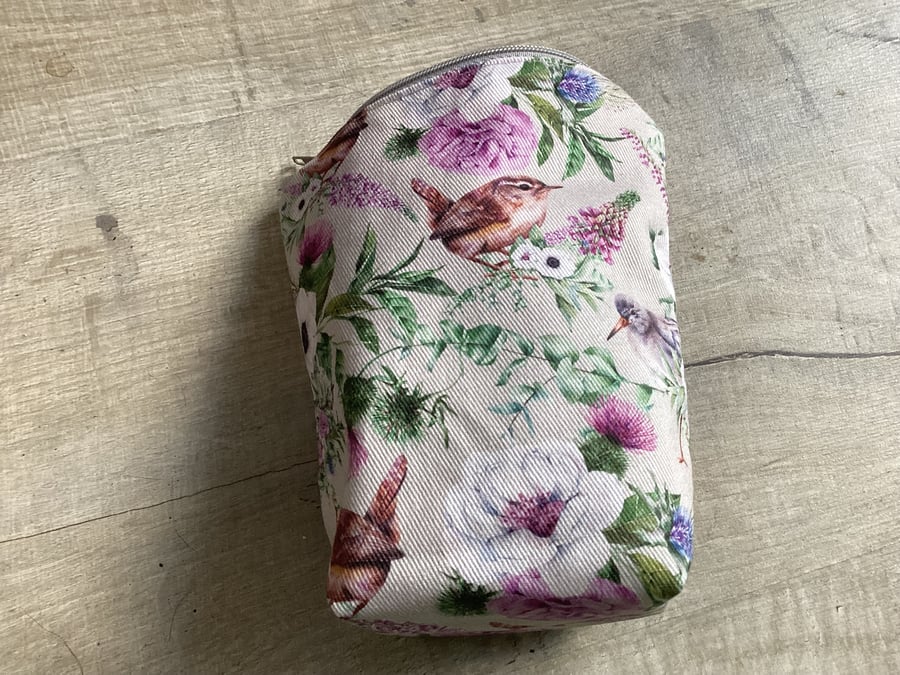 Make up bag, pouch, cotton fabric birds and flowers 