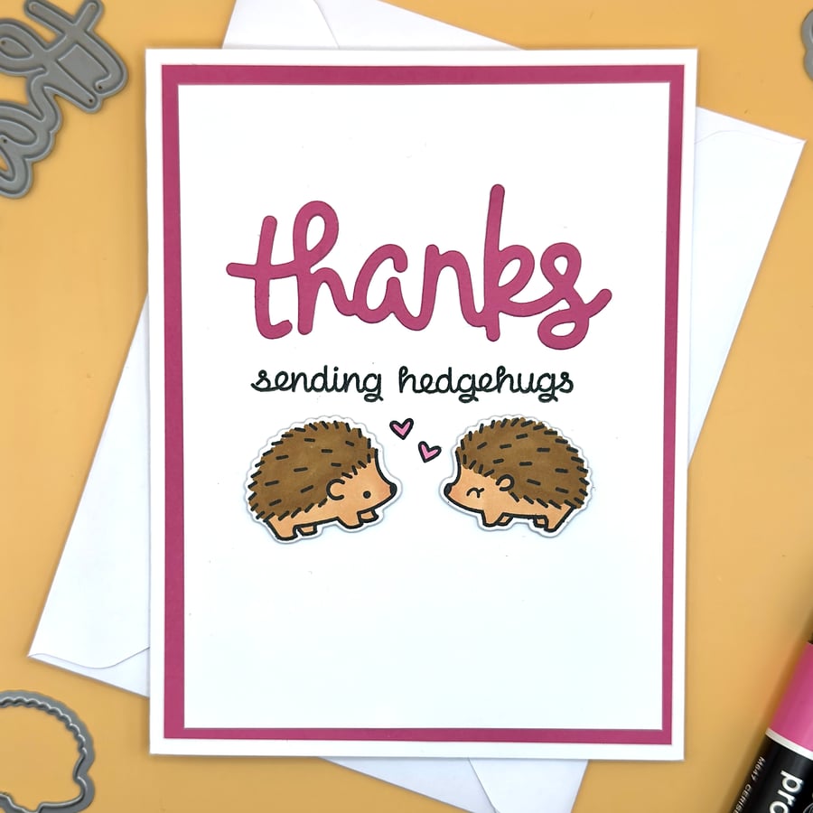 Handmade Thank You Card, Hedgehogs, Cute Animal Design, A2, UK