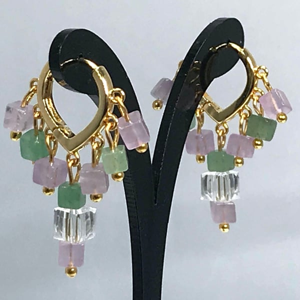GOLD SEMI PRECIOUS HUGGIE EARRINGS aventurine amethyst crystal 