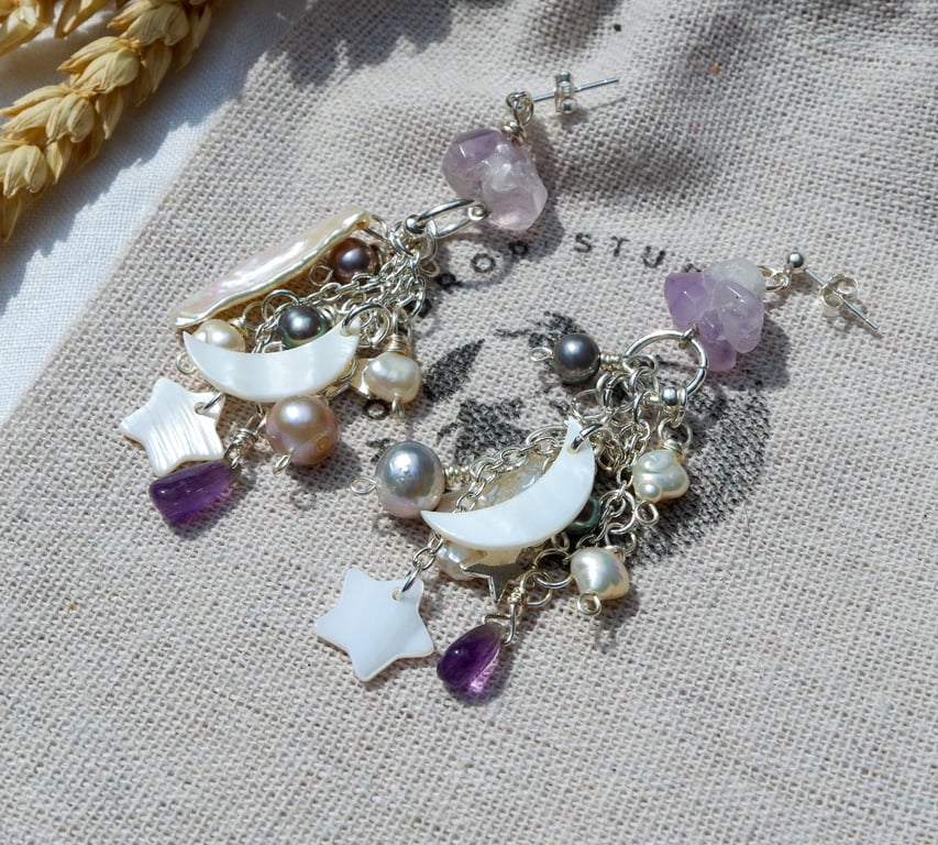 Pearl Earrings - Amethyst Statement Celestial Dangle Gemstone Beaded Earrings 