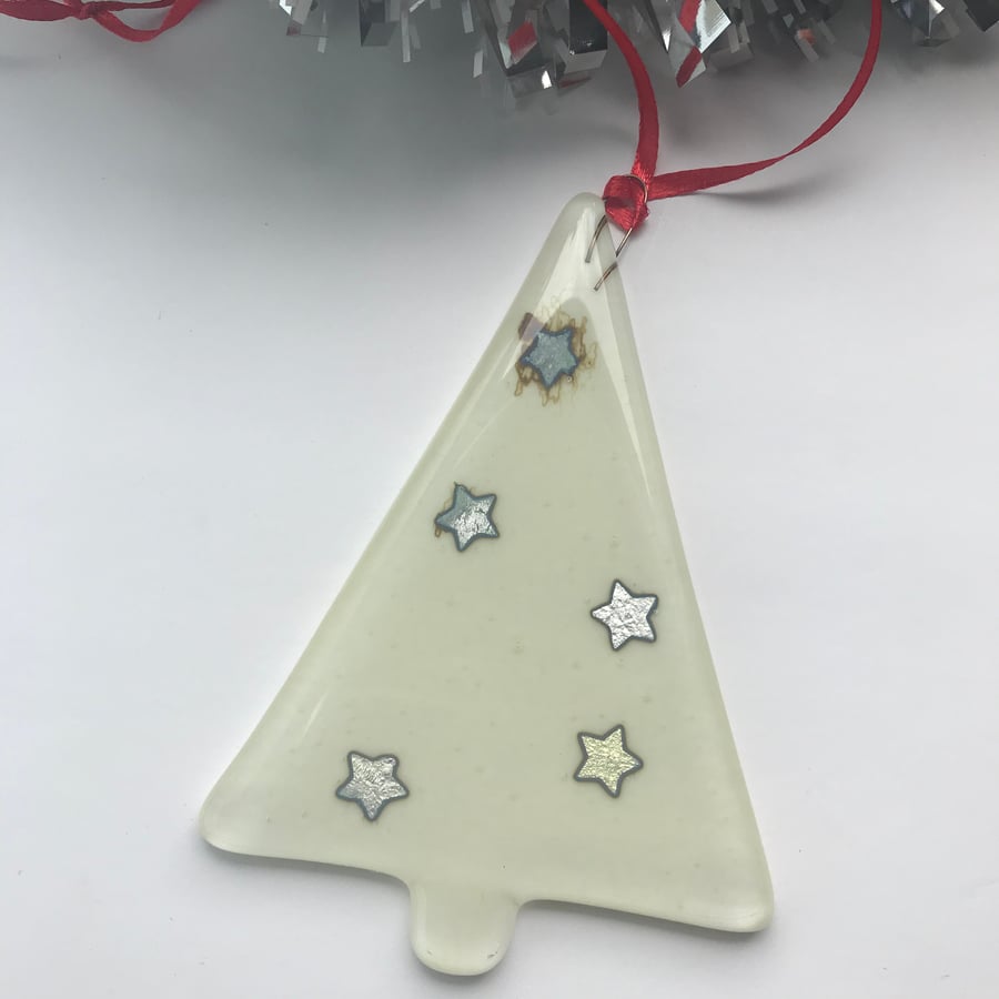 Fused glass Christmas tree decorations, vanilla with silver stars