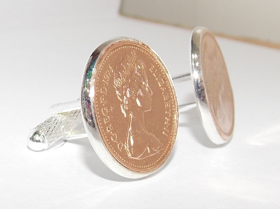 1977 44th Birthday Anniversary 1 pence coin cufflinks - One pence cufflinks from