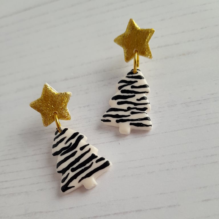 Zebra stripes Christmas Tree and star earrings CHOOSE YOUR COLOUR