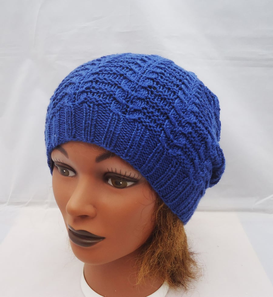 Hand Knit Women's Hat, Women's Slouchy Hat, Women's Hat in Royal Blue, Cable Hat