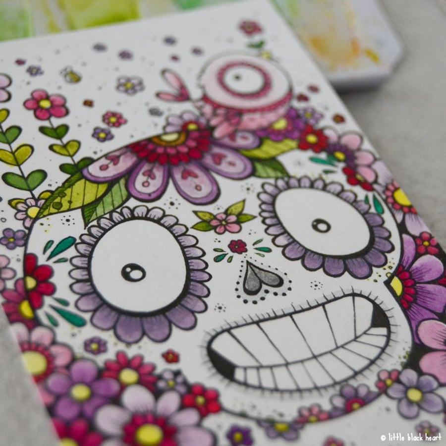 floral skull, bird and blooms- original aceo