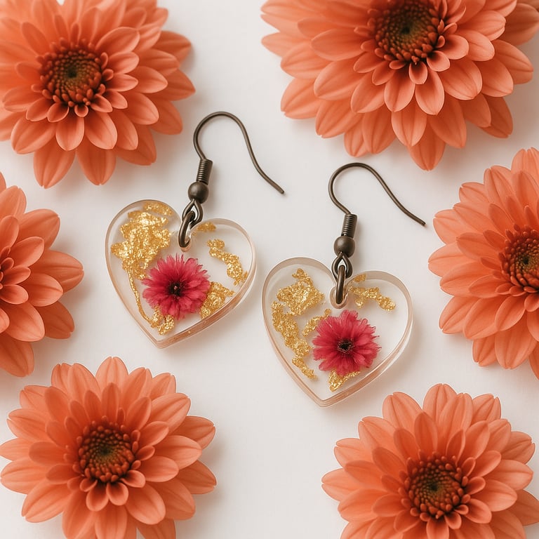 Pink Flower Heart Resin Earrings – Gold Leaf Romantic Dangles