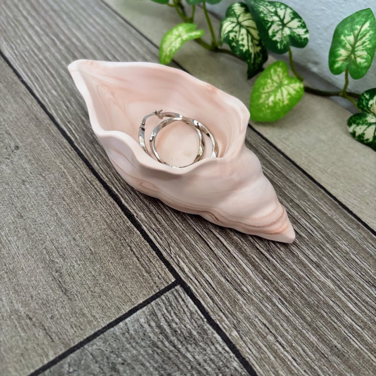 Conch Shell Ring Dish Pink Marble Design - Coastal Decor 