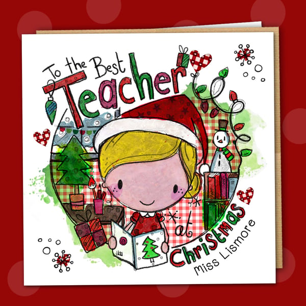 Female Teacher Christmas personalised white square 6" linen card