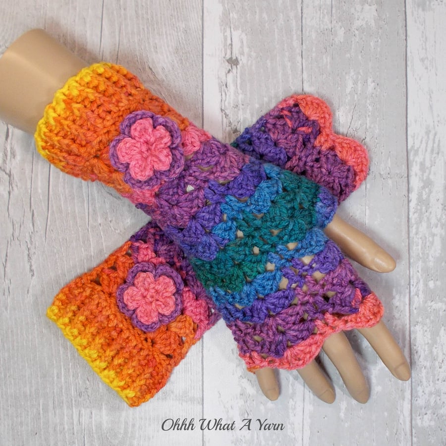 Rainbow ladies crochet gloves, finger less gloves. Rainbow gloves. Lace gloves.