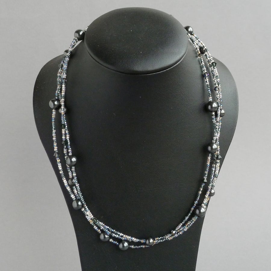 Dark Grey Multi Strand Necklace - Charcoal Jewellery - Black Pearl and Crystal