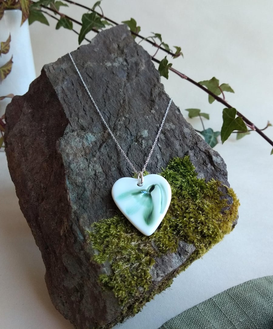 Porcelain Ceramic Heart Snowdrop Necklace on Sterling Silver Chain
